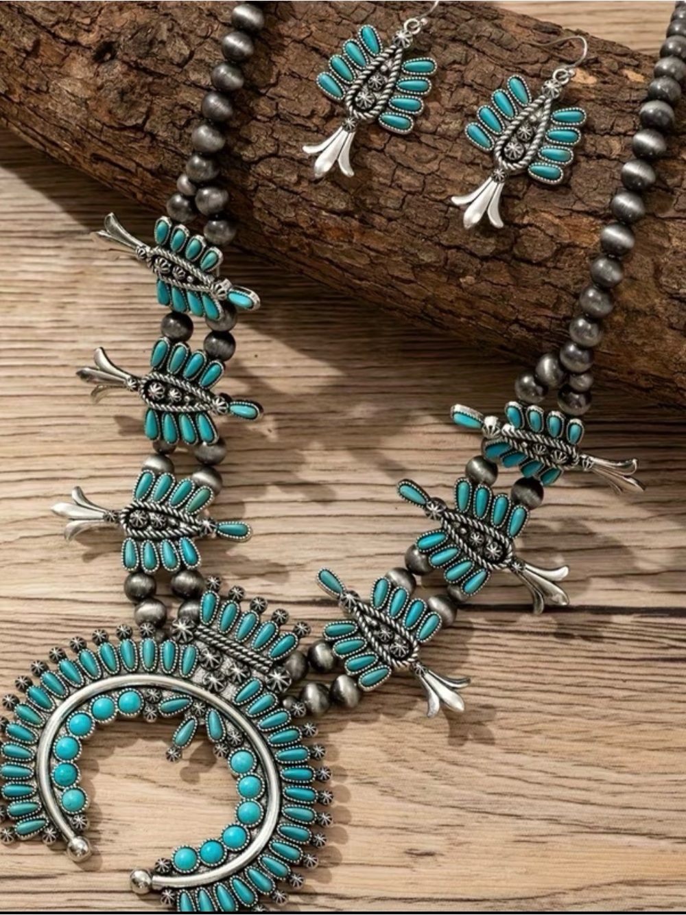 South Western Turquoise Stone Silver-Tone Squash Blossom Necklace-Earrings Set
